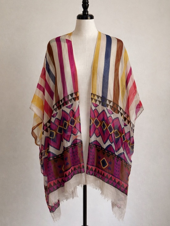 Subtle Luxury Tops - Subtle Luxury Sheer Kimono One Size Boho Stripe Tribal Print